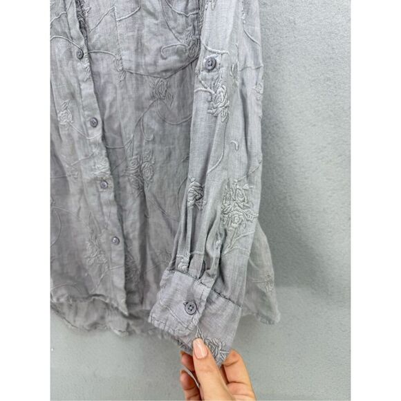 Karyn Seo Womens Gray Linen Embroidered Roll Tab Sleeve Button Up Shirt Sz Large - Picture 3 of 10